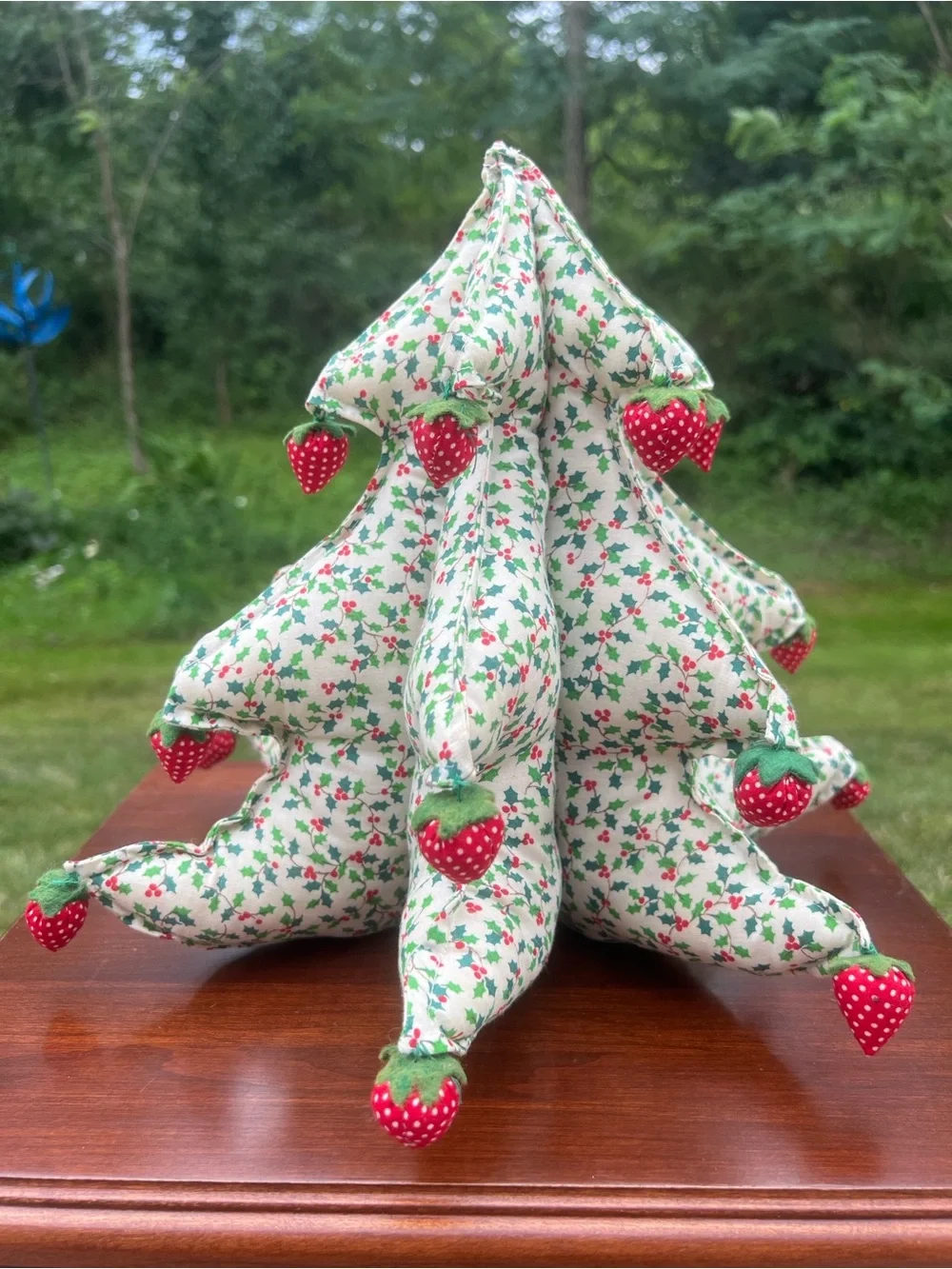 Vintage Kitsch 3D Stuffed Holly Berry Fabric Christmas Tree with Strawberries
